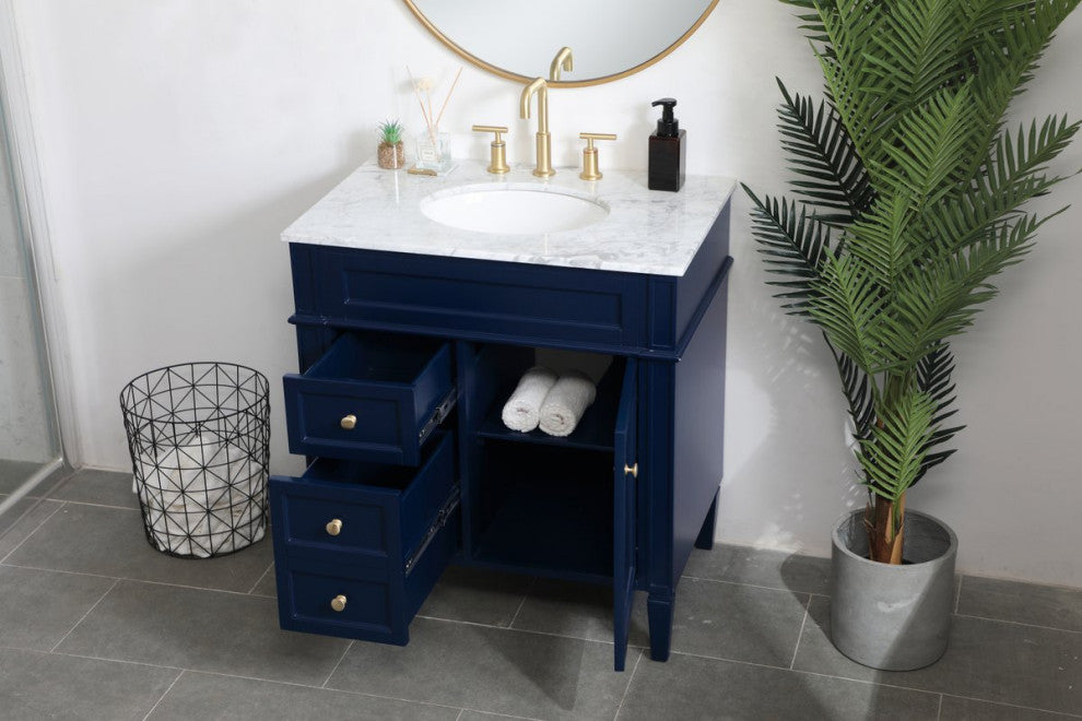 Home Living Vanity with Carrara White Marble Countertop, Blue, 32", Single Sink