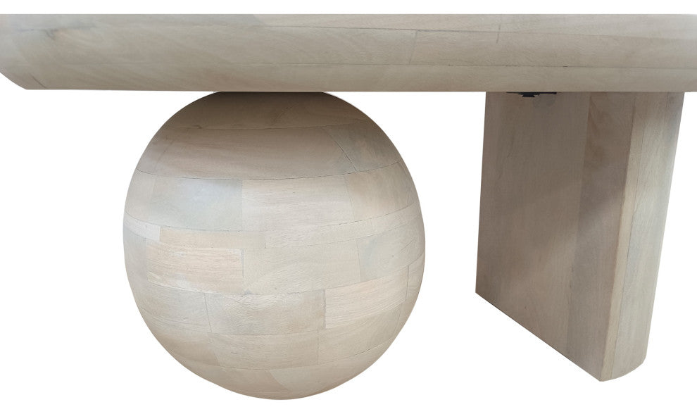 38" Coffee Table Oblong Mango Wood Top With a Modern Ball Leg Washed White