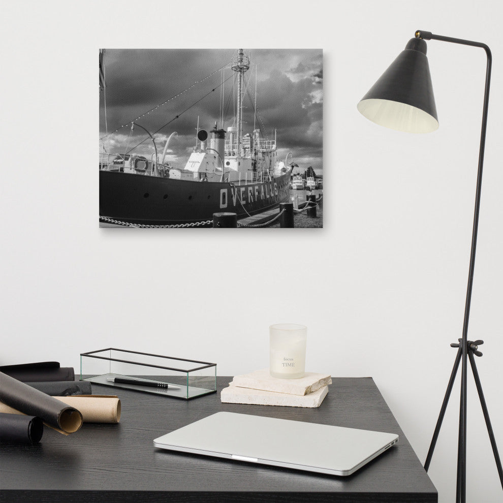 Overfalls Lightship Black & White Photo Canvas Wall Art Print, 16" X 20"
