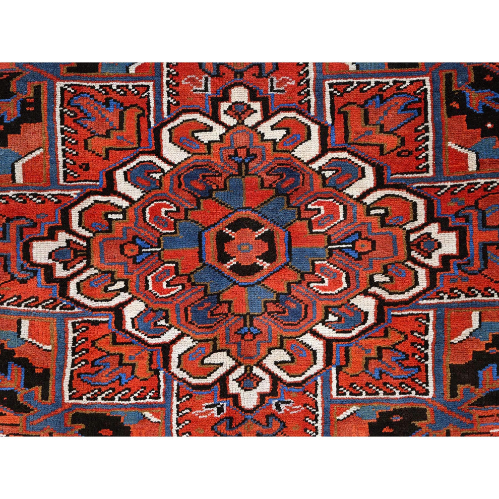 Imperial Red Pure Wool Hand Knotted Semi Antique Persian Heriz Rug 9'8"x13'
