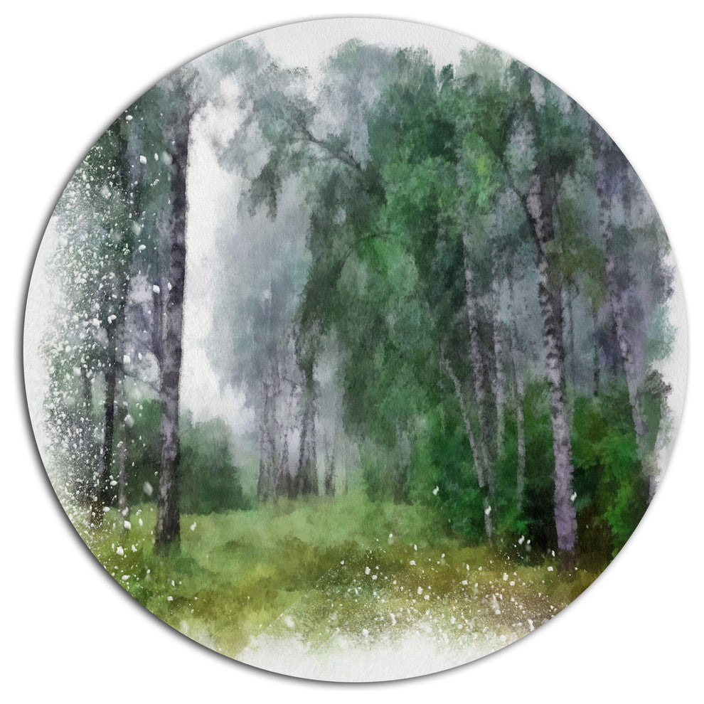 Green Forest Watercolor Drawing, Landscape Round Metal Wall Art, 11"
