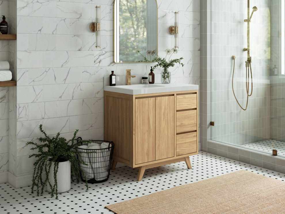 Madison Teak 36 Left Offset Bath Vanity in Light Natural 2" Piatra Gray