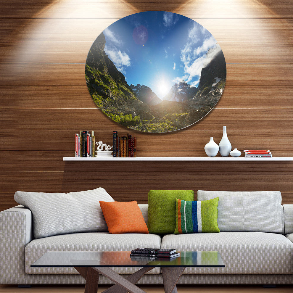 Caucasus Hills Under Bright Sunset, Landscape Disc Metal Artwork, 23"