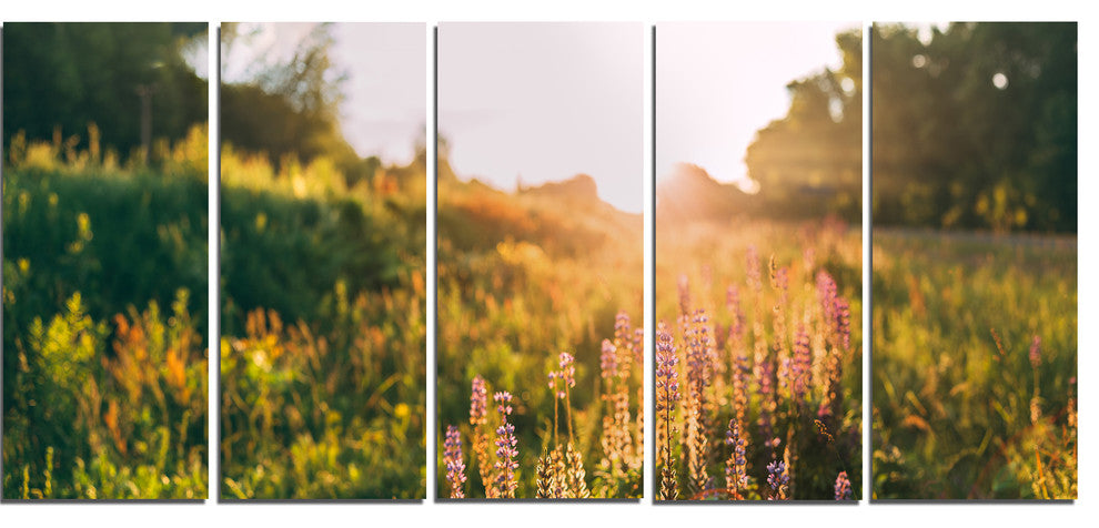 Bloomy Glade of Wild Flowers, Large Landscape Canvas Art, 60"x28", 5 Panels