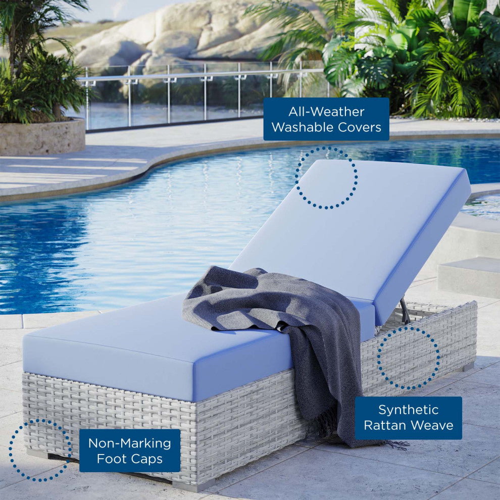Lounge Chair Chaise, Rattan, Wicker, Gray Blue, Modern, Outdoor Patio Cafe