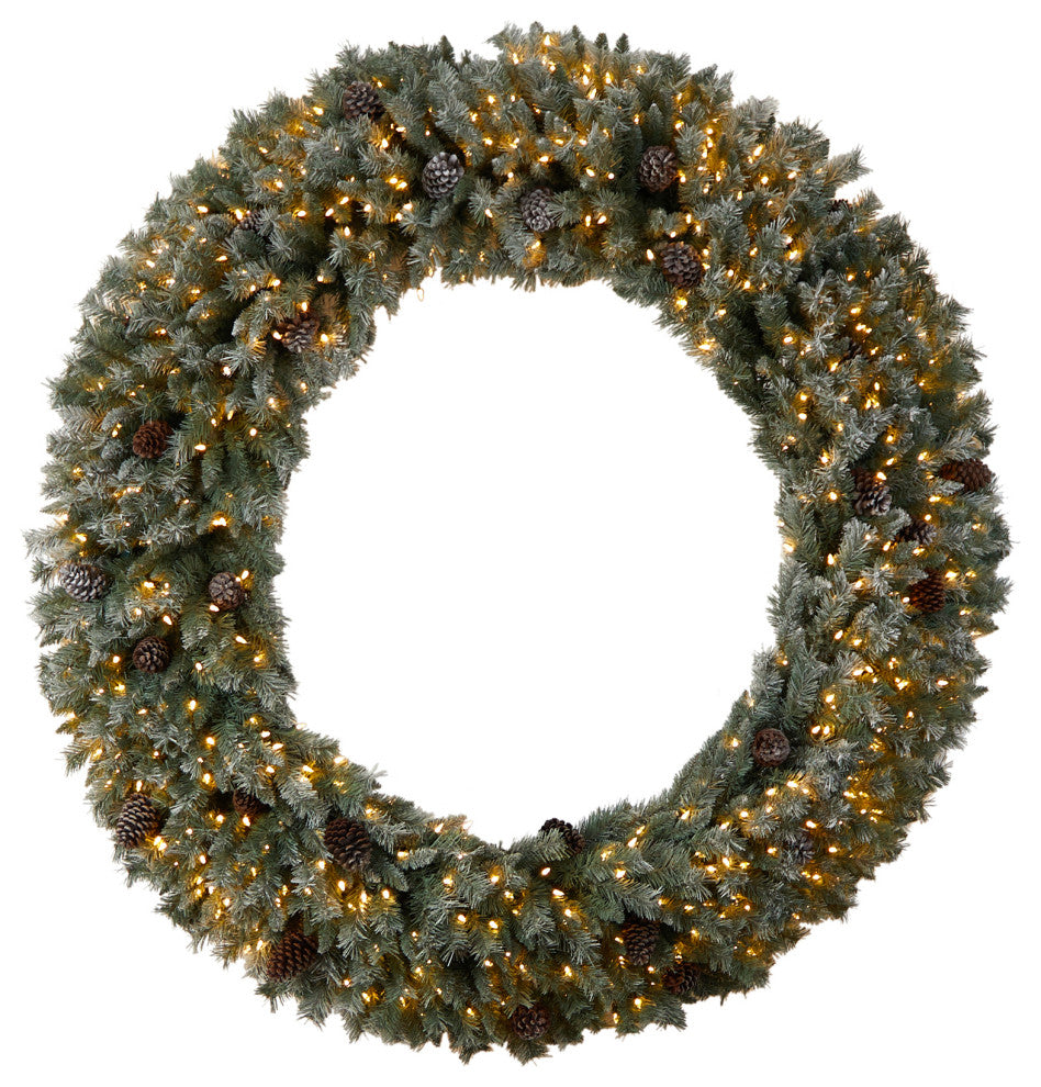 6' Giant Flocked Christmas Artificial Wreath With Pinecones, 600 Clear LEDs