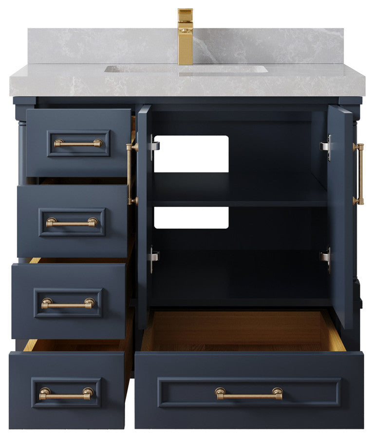 Aberdeen 36 Center Sink Bath Vanity in Hale Navy Blue  2" Pearl Gray