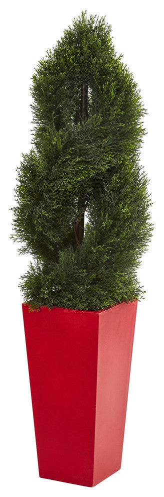 4.5' Double Pond Cypress Spiral Artificial Tree in Red Planter UV Resistant