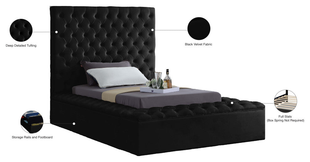 Bliss Velvet Upholstered  Bed, Black, Twin