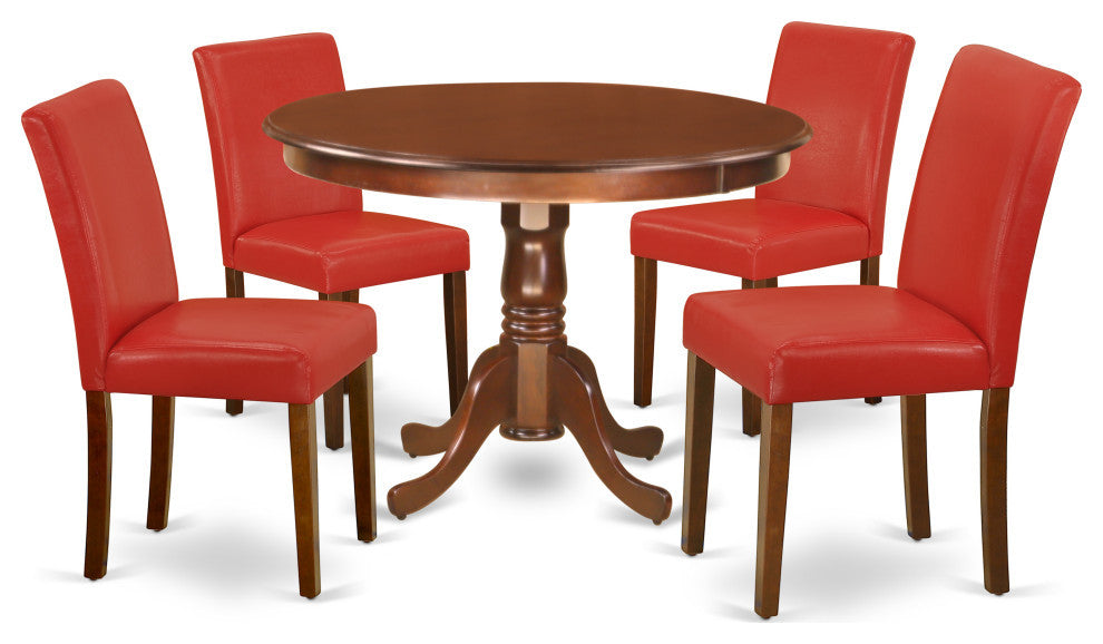 5Pc Round 42" Dinette Table, Four Parson Chair, Pu Leather Color Firebrick Red