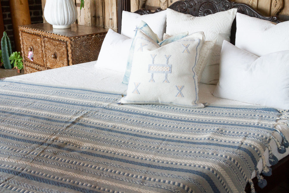 Azul Hand-Loomed Cotton Pom-Pom Throw