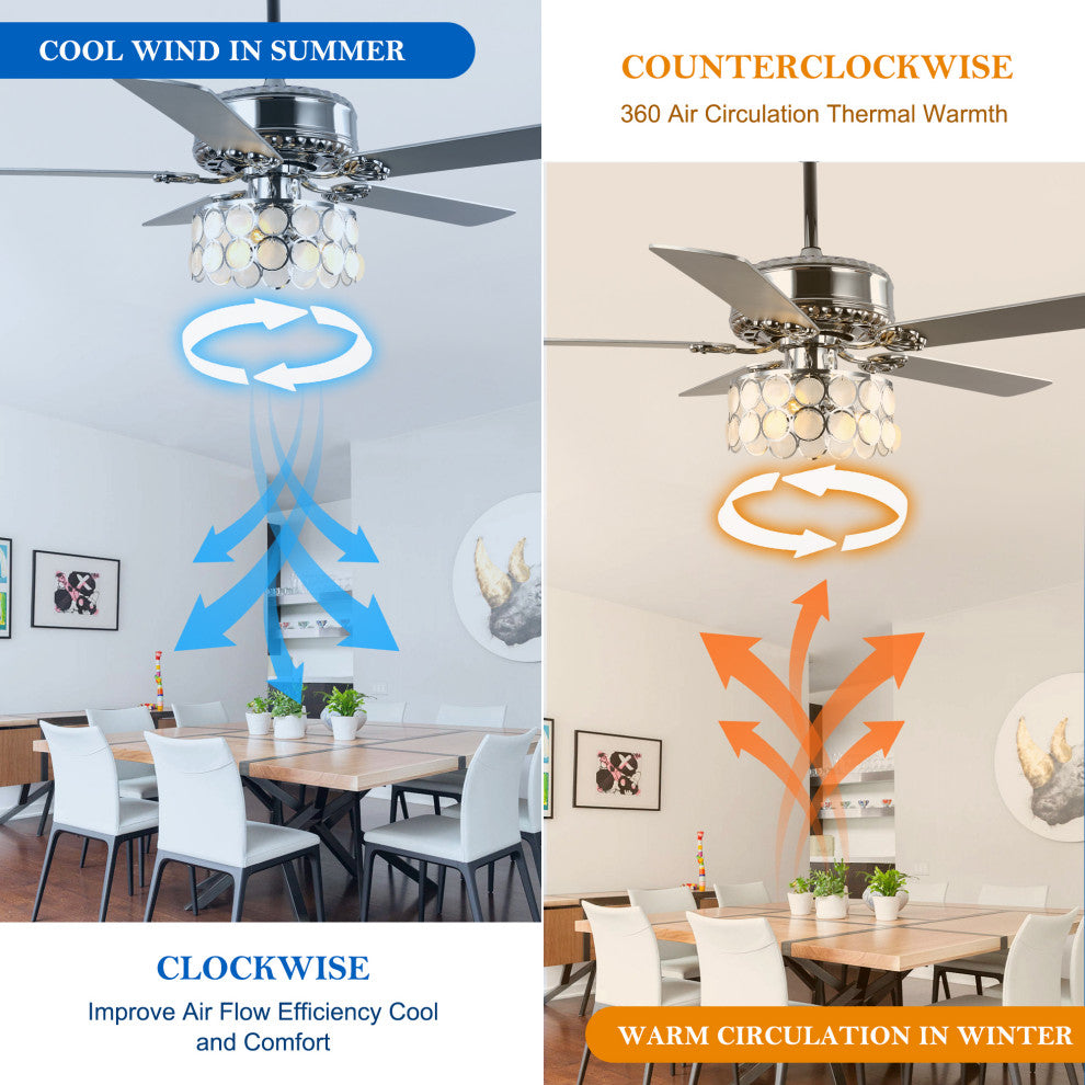 CurveCurio 52" Large Chrome Seashell Shade Ceiling Fan w 3 Light Quiet DC Motor