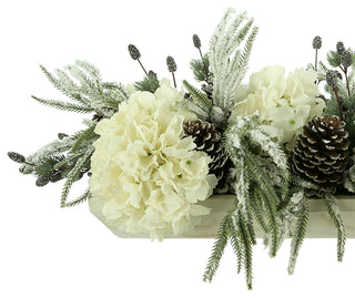 Evergreen Holiday Centerpiece with Berries, Cream Hydrangea Arrangement