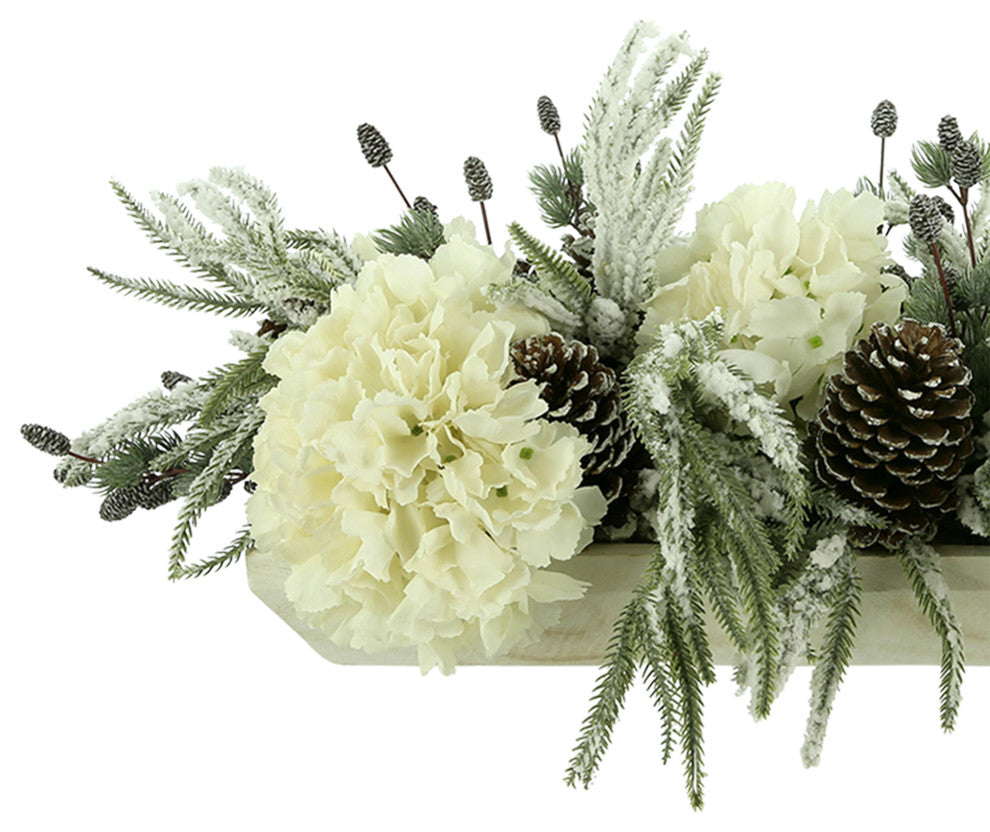 Evergreen Holiday Centerpiece with Berries, Cream Hydrangea Arrangement