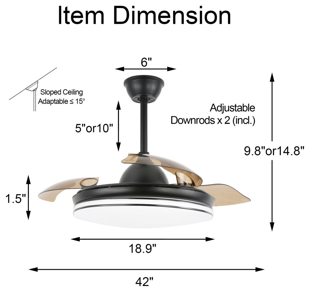 42" Modern Retractable Ceiling Fan with Light Kit and Remote Control 3 Blades, Black, 42"