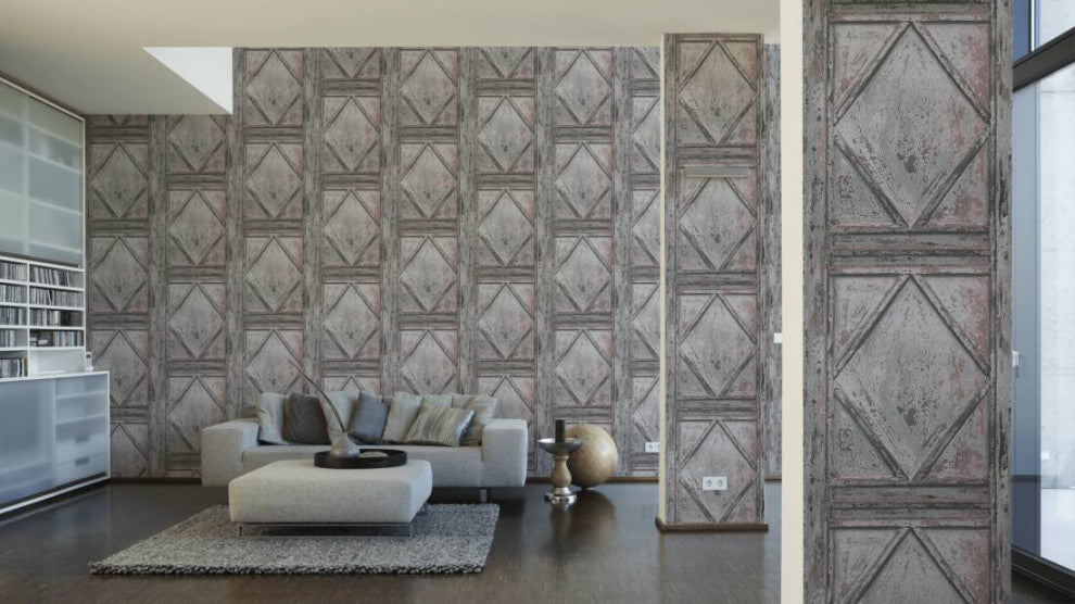 Loft Vintage Textured Wallpaper Featuring Boxes Wood, Gray Brown, One Roll
