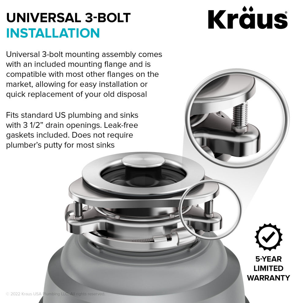 WasteMate Continuous Feed Garbage Disposal, 3/4 HP Motor for Kitchen Sink