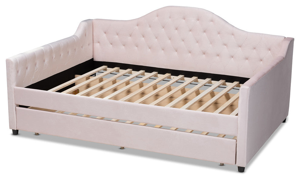 Luanna Light Pink Velvet Upholstered and Button Tufted Full Daybed With Trundle