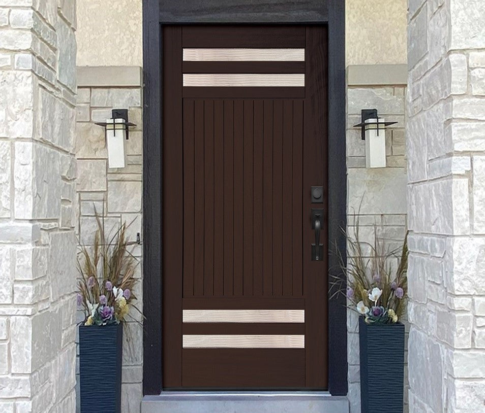 Prehung Unf Mahg Wood 4-Lite Reed Glass Front Door LH-6 9/16"