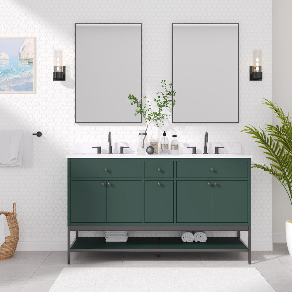 Paisley Vanity Combo, Cala White Engineered Top, 60", Everglade Green, Double Sink