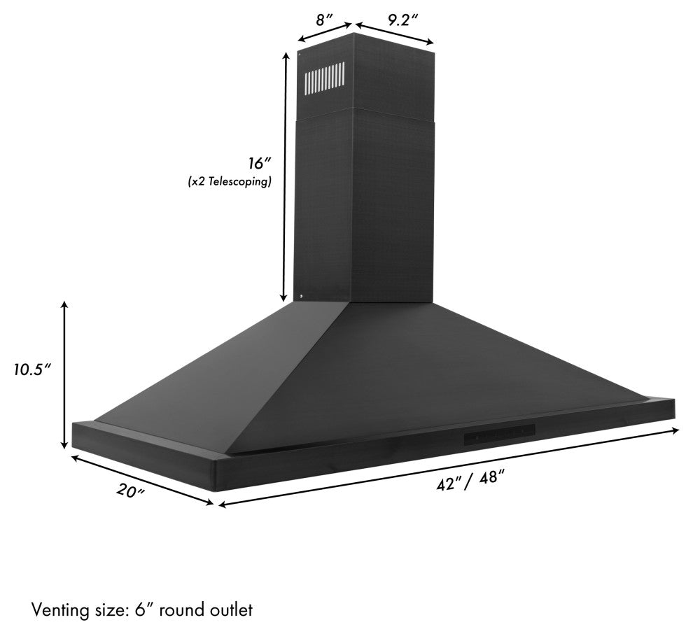 ZLINE 42" Range Hood, Black Stainless Steel With Set of 2 Charcoal Filters