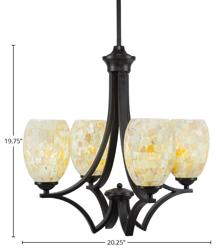 Zilo 4 Light Chandelier, Matte Black Finish With 5" Ivory Glaze Seashell Glass