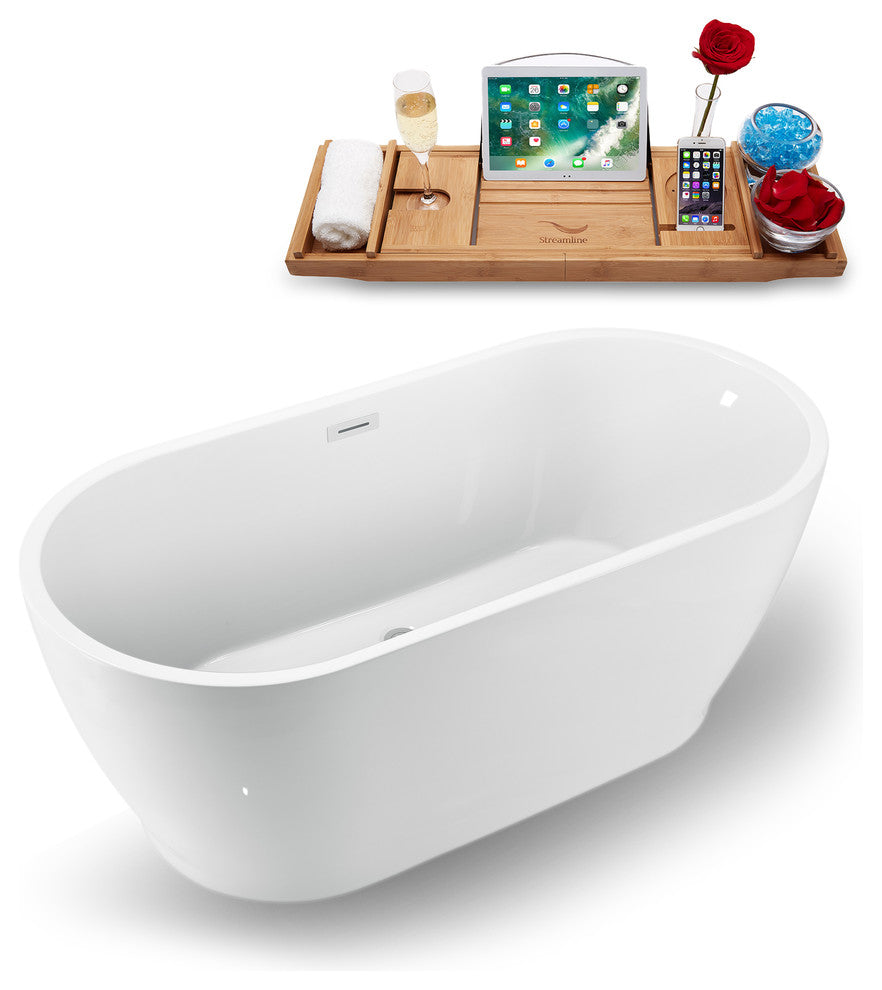59" White Freestanding Tub and Tray With External Drain, Oval Shaped