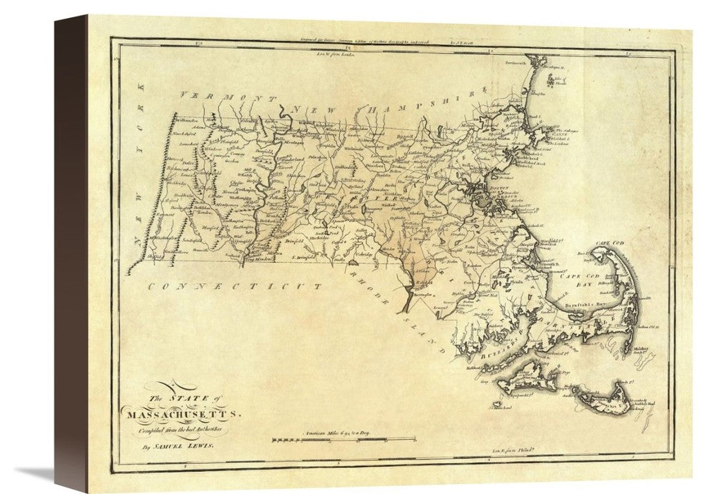 "State of Massachusetts, 1795" Stretched Canvas Giclee by Mathew Carey, 16"x12"