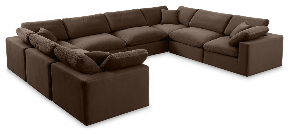 Comfy Upholstered U-Shaped Modular Sectional, Brown, 8-Piece: 4 Armless Chair, 4 Corner Chair, Velvet