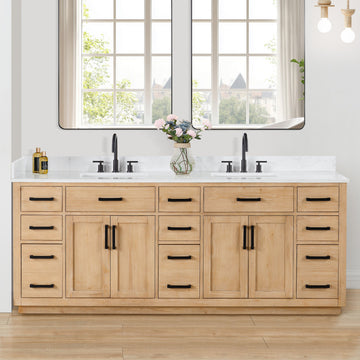 Gavino Vanity With Grain White Composite Stone Top, Light Brown/Matte Black, 84", No Mirror
