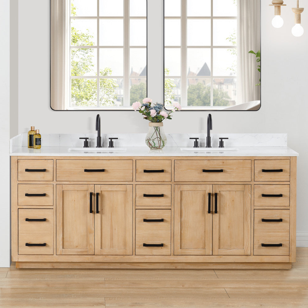 Gavino Vanity With Grain White Composite Stone Top, Light Brown/Matte Black, 84", No Mirror