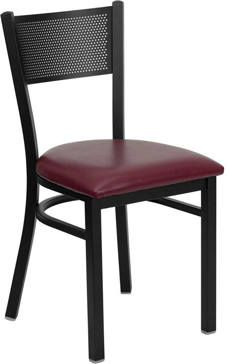 Black Grid Back Metal Restaurant Chair, Burgundy Vinyl Seat