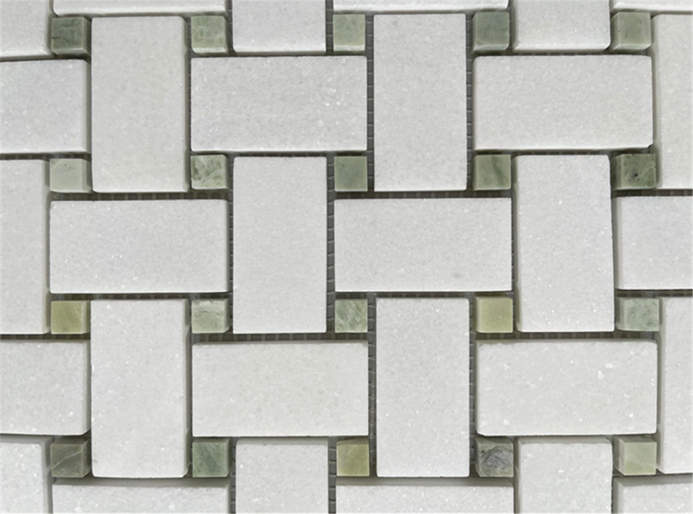 Thassos White Marble 1x2 Basketweave Mosaic Tile Green Dots Honed, 1 sheet