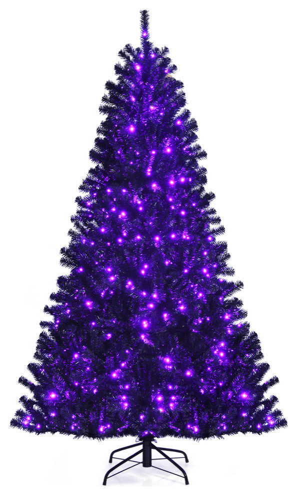 Costway 7ft Pre-lit PVC Christmas Halloween Tree Black w/ 500 Purple LED Lights