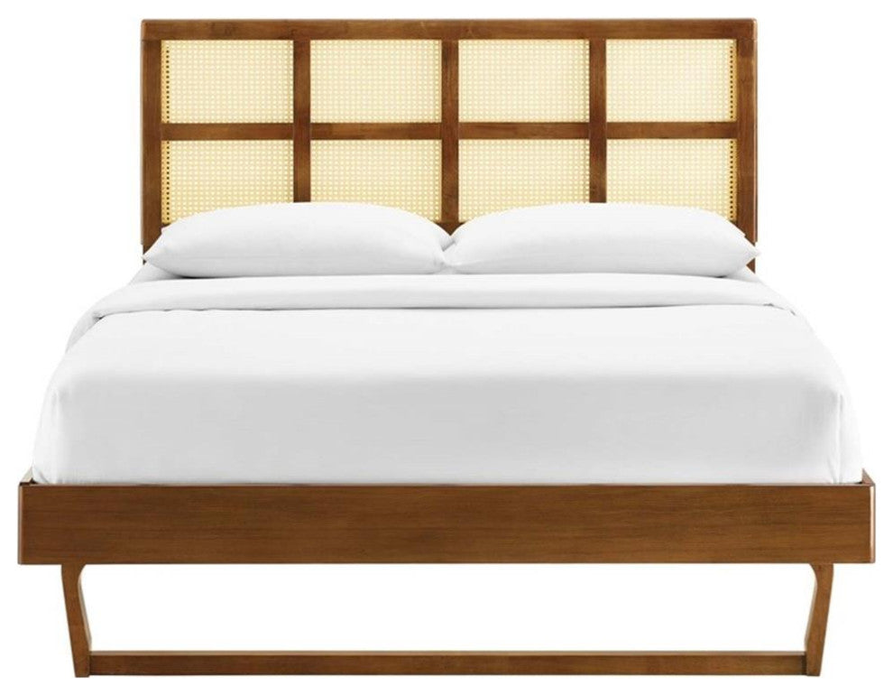 Sidney Cane and Wood Full Platform Bed With Angular Legs Walnut