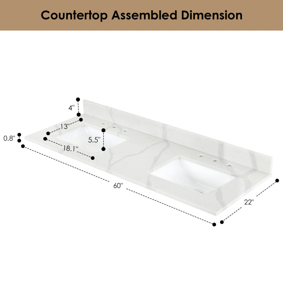 Arbios Quartz Stone Vanity Top in Calacatta White, Calacatta White, 60", 8 Inch Widespread
