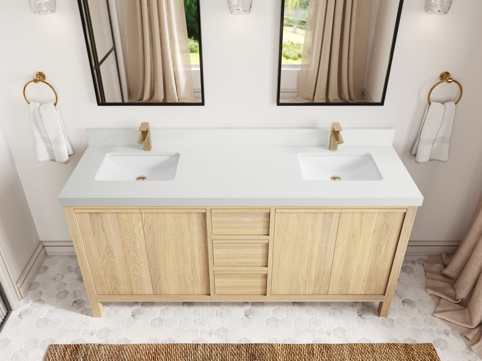 Elizabeth Oak 72" Double Sink Vanity, White 2" White Quartz