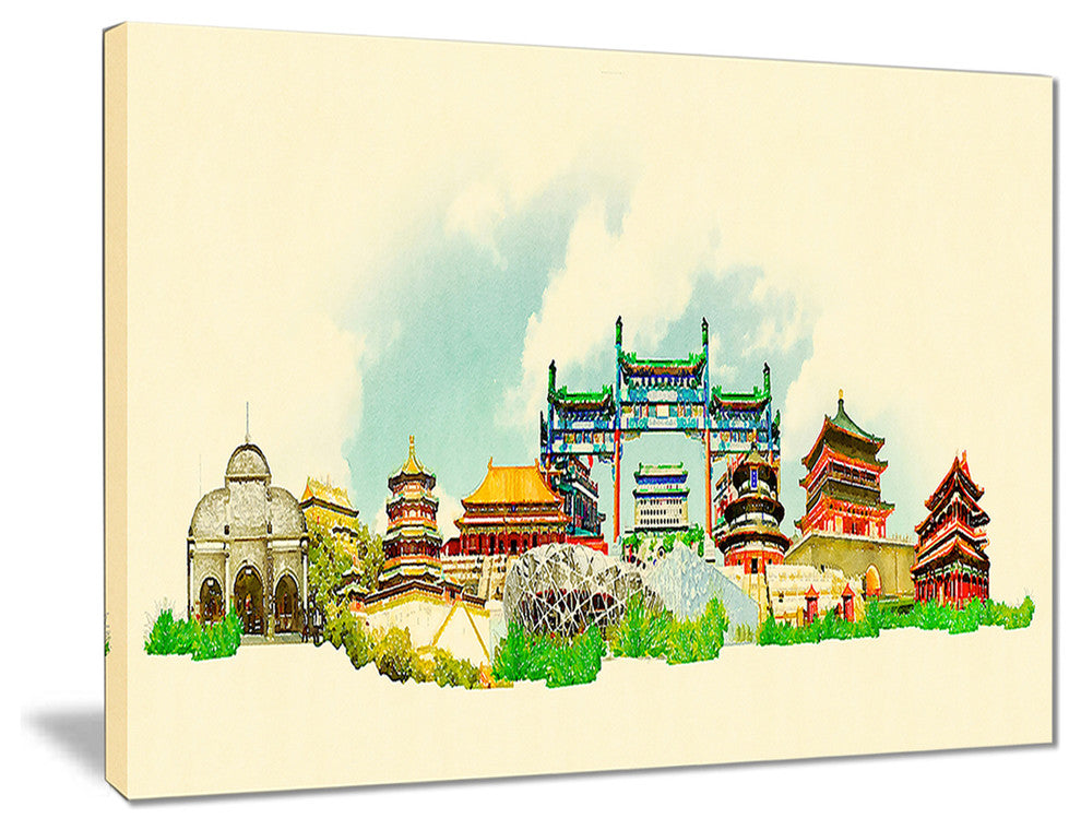 "Beijing Panoramic View" Cityscape Watercolor Canvas Print, 40"x30"