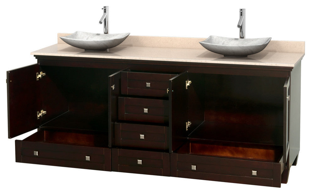 Acclaim Espresso Double Vanity, 80", Arista White Carrera Marble, Ivory Marble