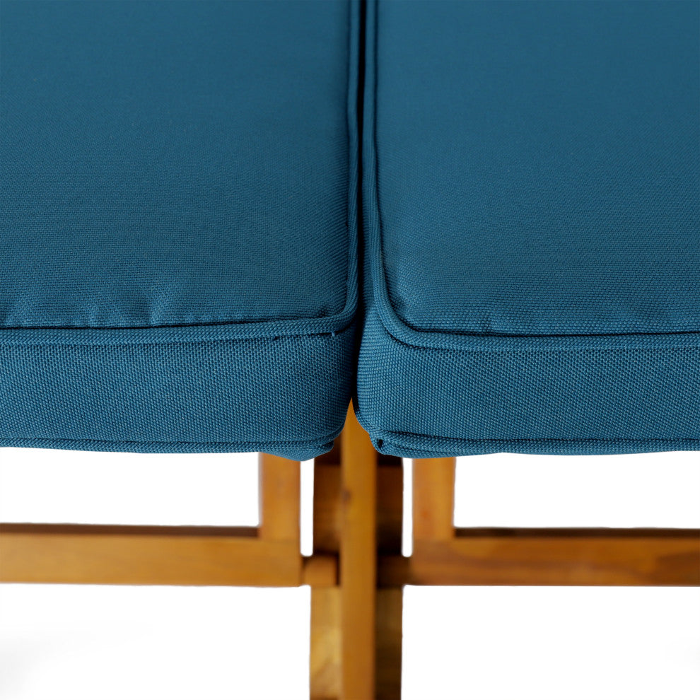 GDF Studio Samantha Outdoor Acacia Wood Double Chaise Lounge, Teak Finish/Blue