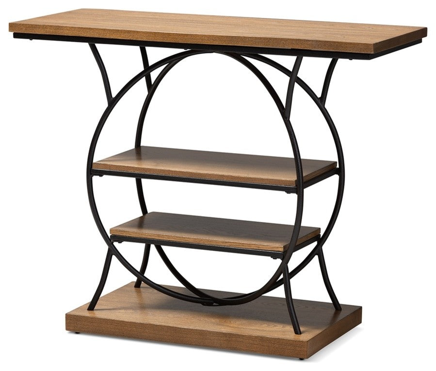 Vintage Walnut Brown Wood & Dark Bronze Finished Metal Circular Console Table