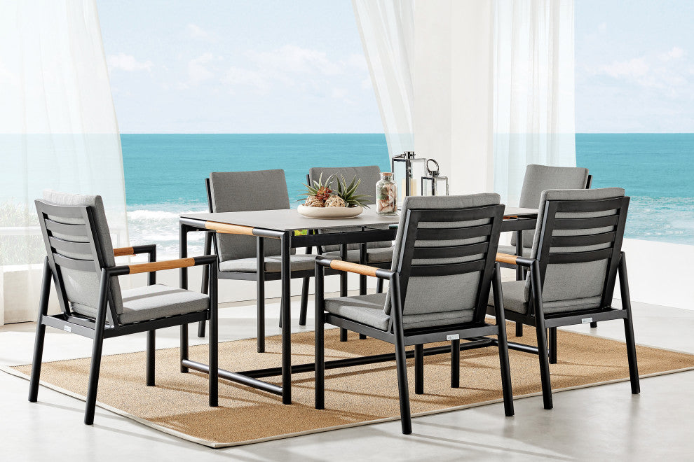 Crown 7-Piece Black Aluminum and Teak Outdoor Dining Set With Dark Gray Fabric