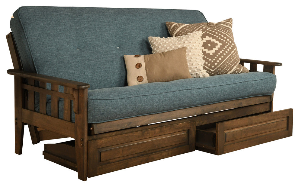 Sonora Frame, Rustic Walnut Finish, Storage Drawers and Mattress, Linen Aqua