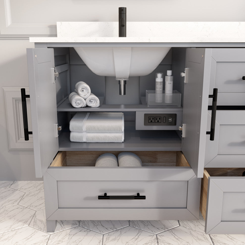 Houston 72" Double Vanity With Power Bar and Drawer Organizer, Oxford Gray