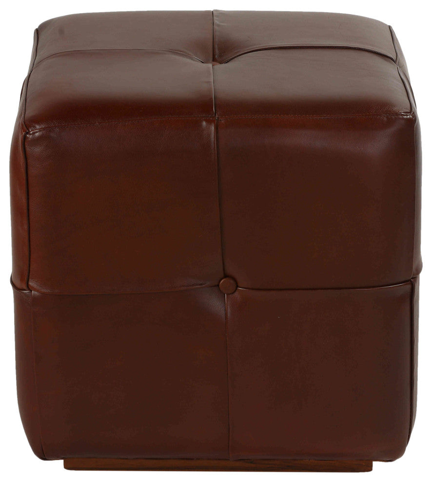 Bare Decor Chesterfield Square Ottoman, Genuine 100% Leather, Brown