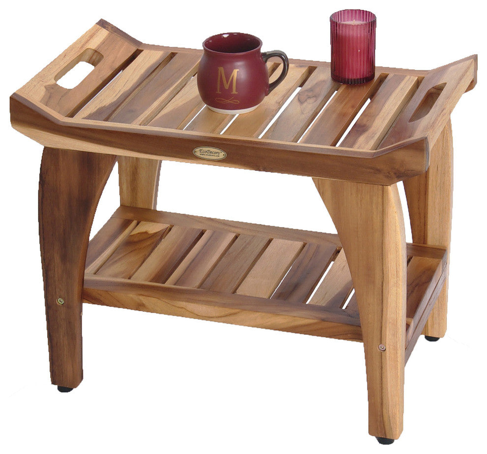 EcoDecors Earthy Teak Tranquility 24" Teak Shower Bench with Shelf