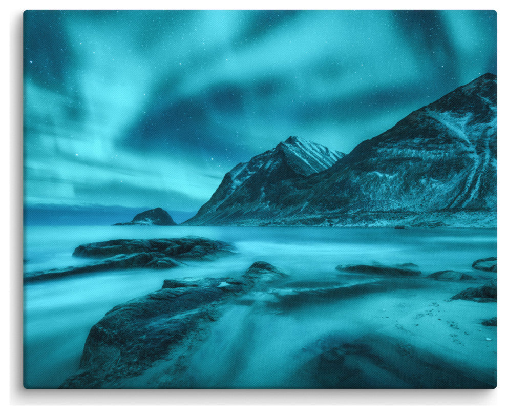 Blue Northern Lights and Mountain Coast Landscape Photo Canvas Wall Art Prints, 16" X 20"