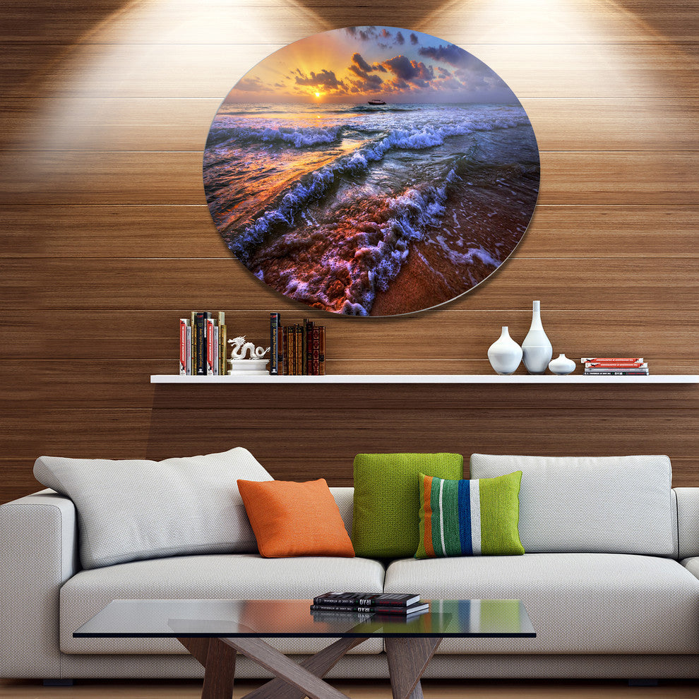 Sunset Over Blue Tinged Waves, Seashore Round Metal Wall Art, 23"