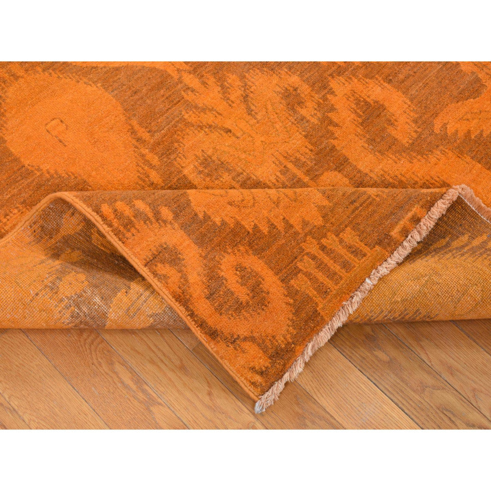 Hand Knotted Pure Wool, Orange Cast Overdyed Ikat Oriental Rug, 9'1"x12'3"
