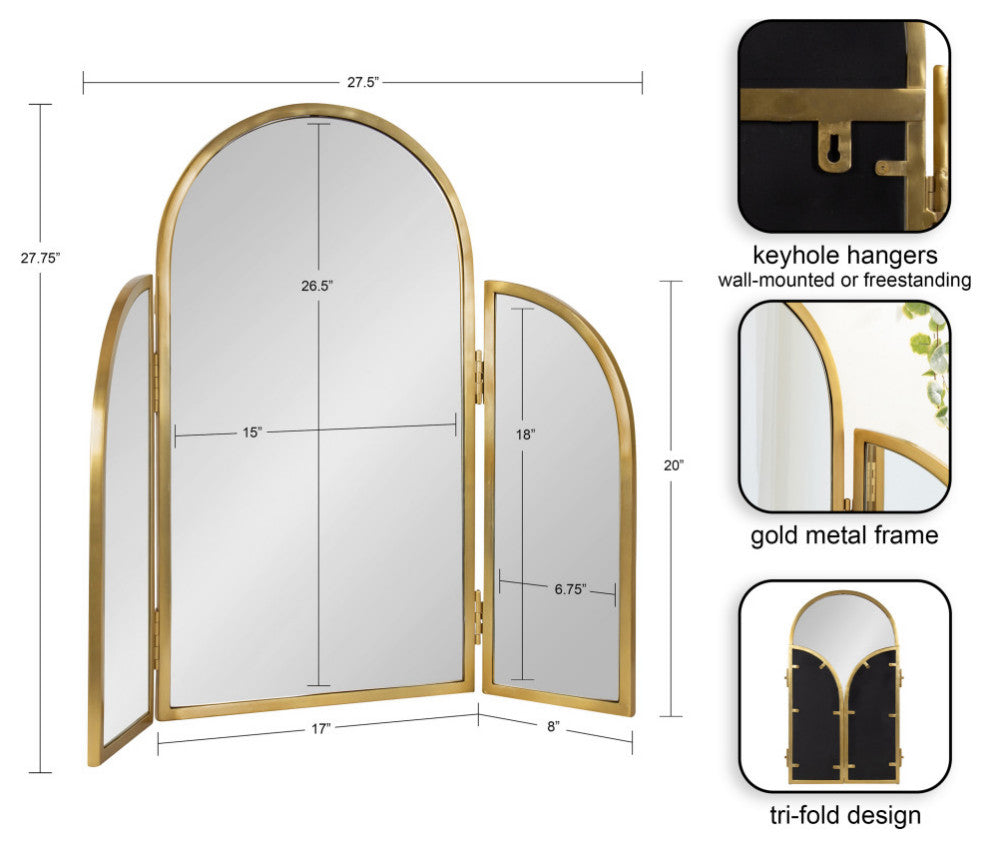 Amoli Tri-Fold Arch Mirror, Gold, 28x28